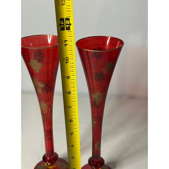 VTG Set Of 2 Cranberry Flashed Gold Floral Painted Bohemian Glass Flute Vases - Picture 8 of 9